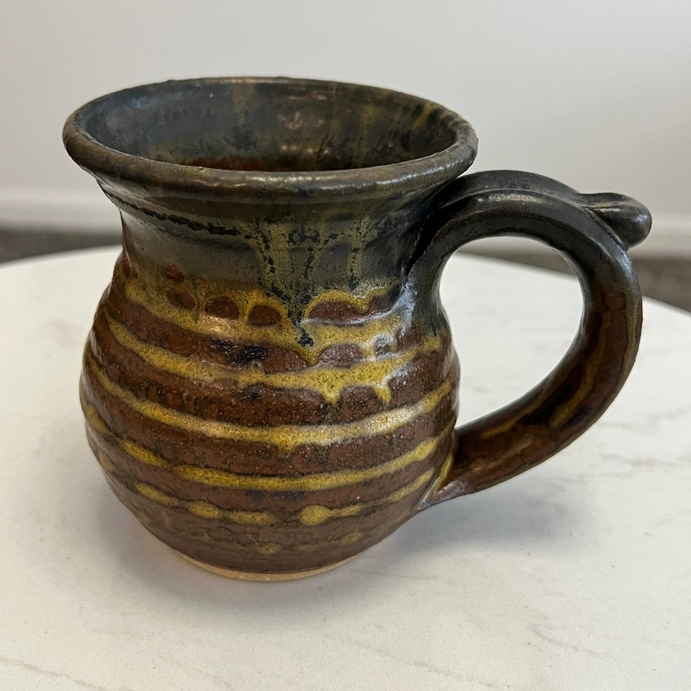 Handmade Studio Pottery Mug Signed Earth Tones Striped Glaze Stoneware Cup 10 oz